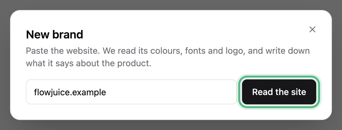 The New brand box with flowjuice.example typed in and the Read the site button ringed