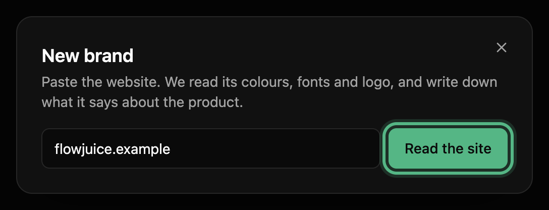 The New brand box with flowjuice.example typed in and the Read the site button ringed