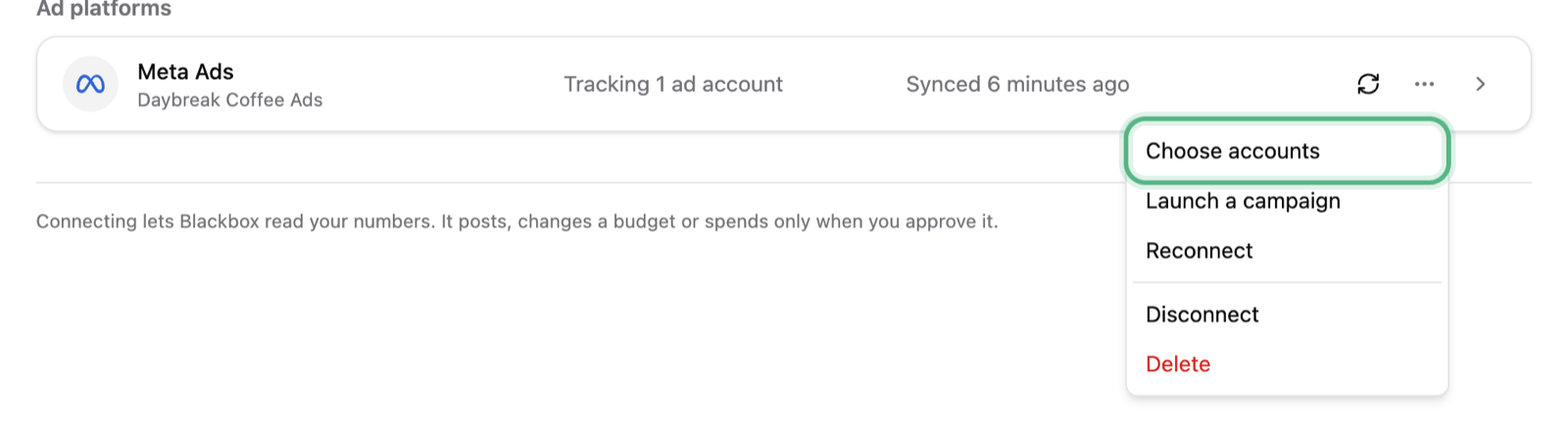 The Meta Ads row on the Data page with its menu open and Choose accounts ringed