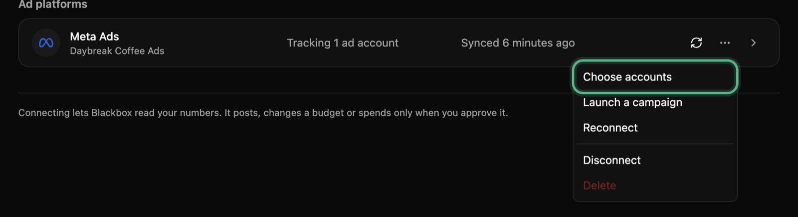 The Meta Ads row on the Data page with its menu open and Choose accounts ringed