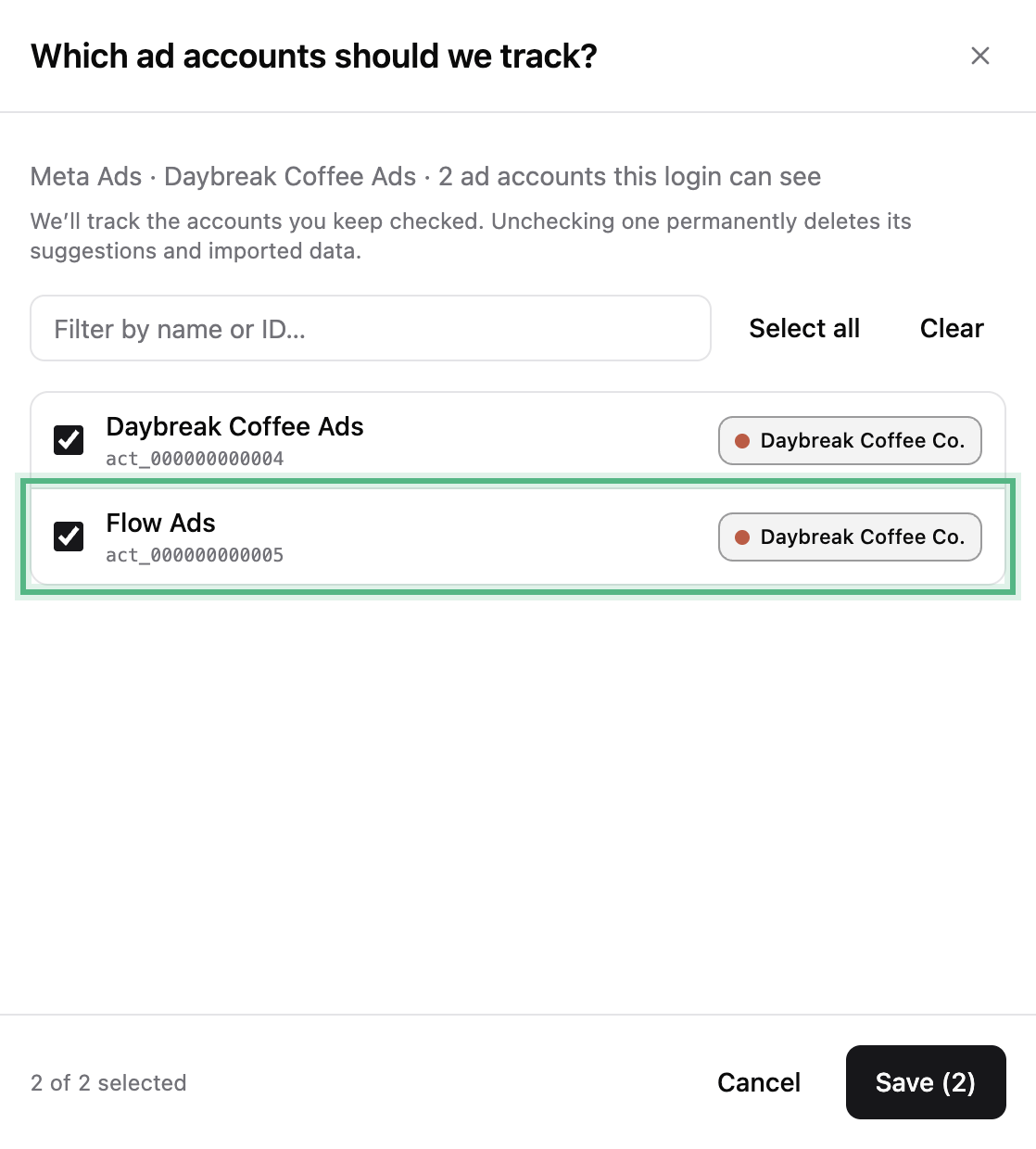 Which ad accounts should we track?, with Daybreak Coffee Ads ticked under Daybreak Coffee Co. and Flow Ads now ticked too, ringed