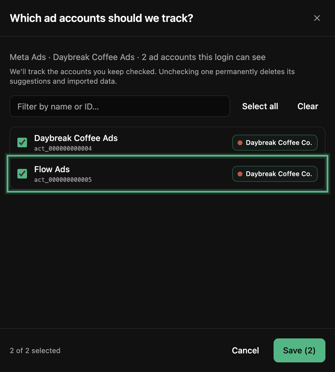 Which ad accounts should we track?, with Daybreak Coffee Ads ticked under Daybreak Coffee Co. and Flow Ads now ticked too, ringed