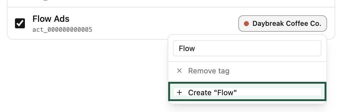 The Flow Ads row’s brand menu open with Flow typed in and Create "Flow" ringed