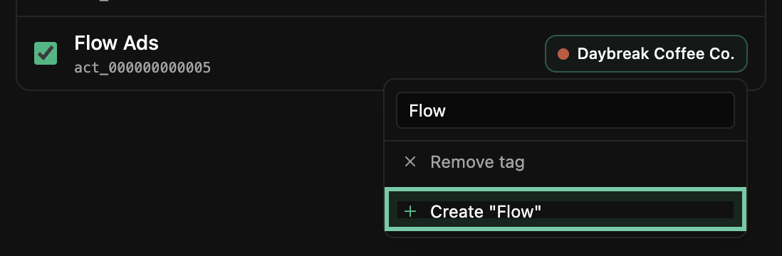 The Flow Ads row’s brand menu open with Flow typed in and Create "Flow" ringed