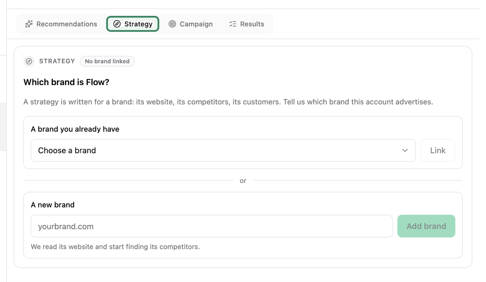 Flow’s Inbox thread on the Strategy tab, ringed: Which brand is Flow?, with A brand you already have and A new brand