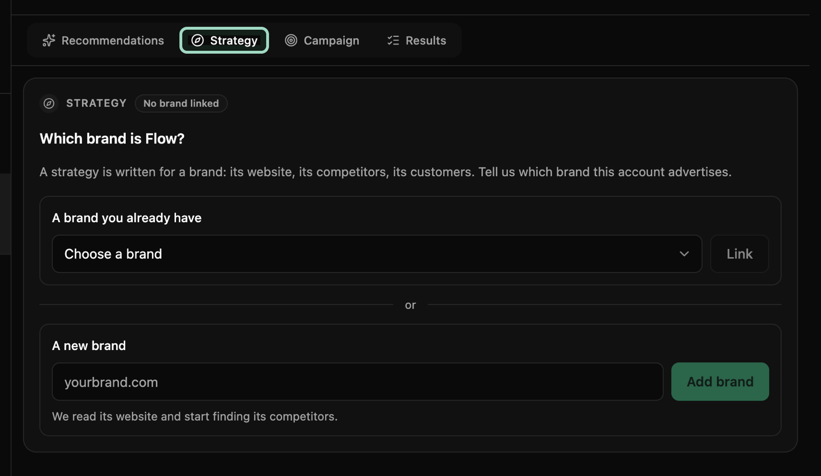 Flow’s Inbox thread on the Strategy tab, ringed: Which brand is Flow?, with A brand you already have and A new brand