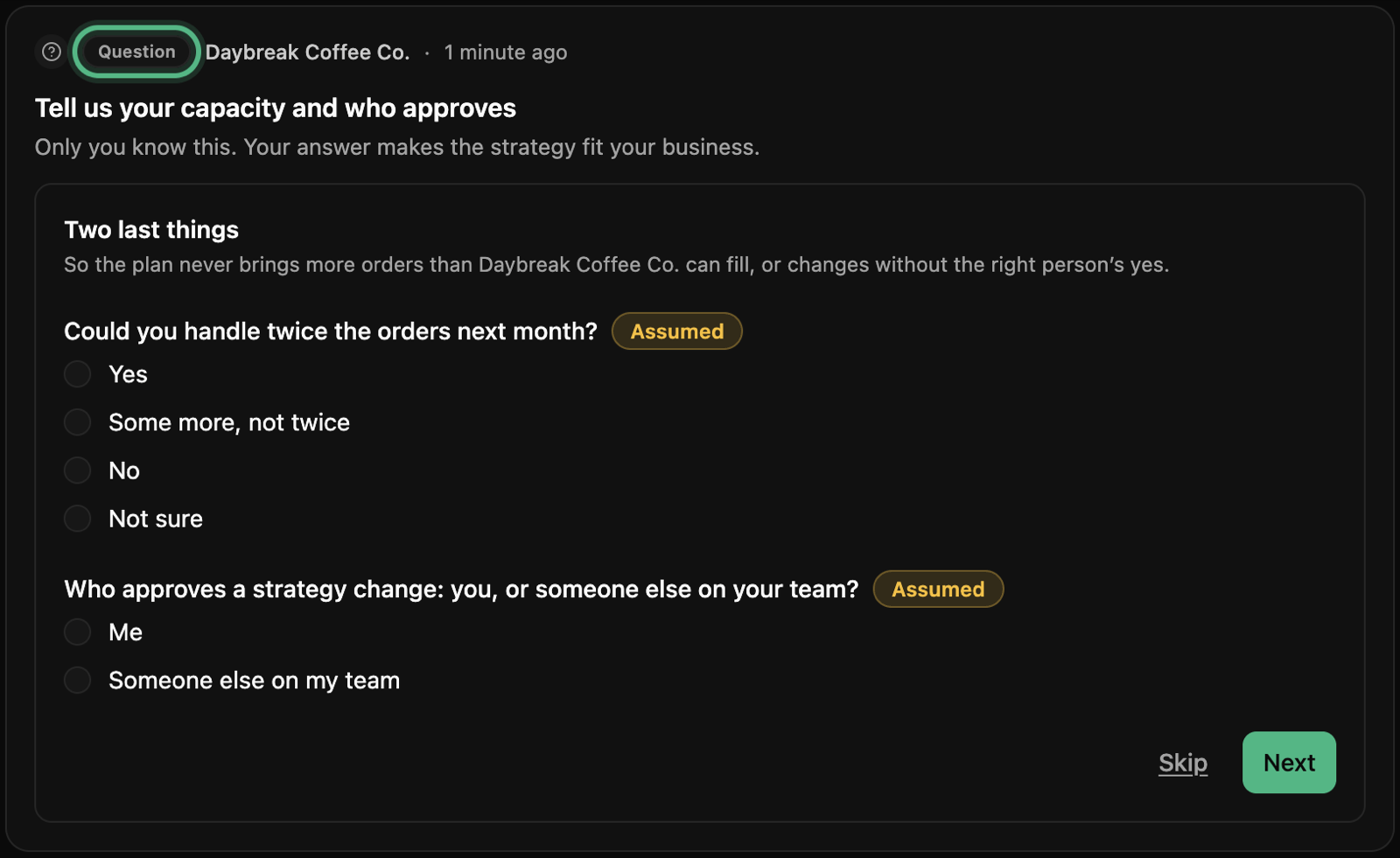 A card marked Question, ringed: Tell us your capacity and who approves, asking whether the shop could handle twice the orders and who approves a change