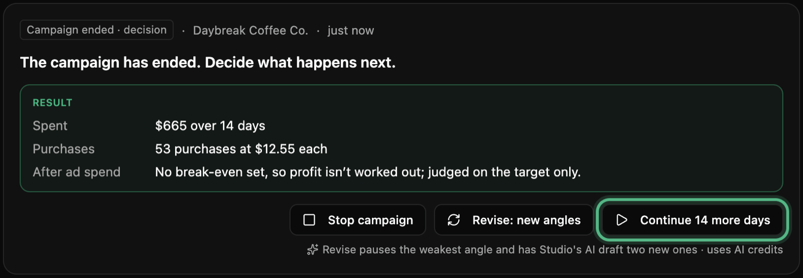 Campaign ended · decision: 665 dollars spent over 14 days and 53 purchases at 12.55 dollars each, then Stop campaign, Revise: new angles and Continue 14 more days, ringed