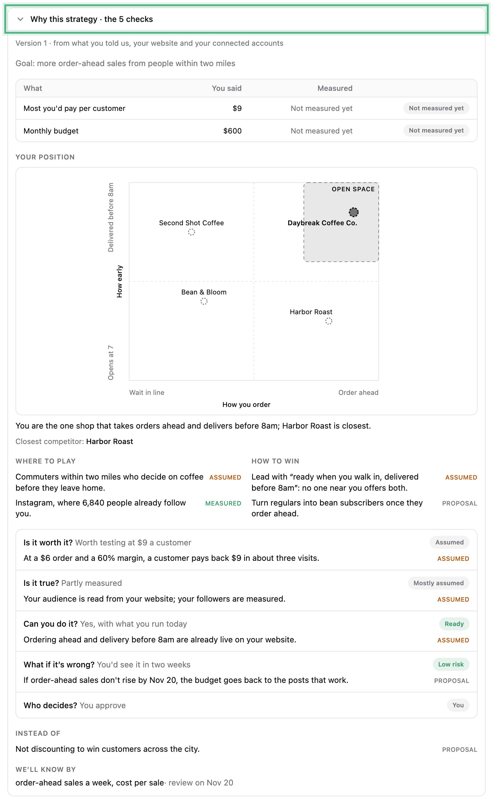 Why this strategy, ringed and open: what the owner said beside what was measured, the position map against three competitors, and the five checks