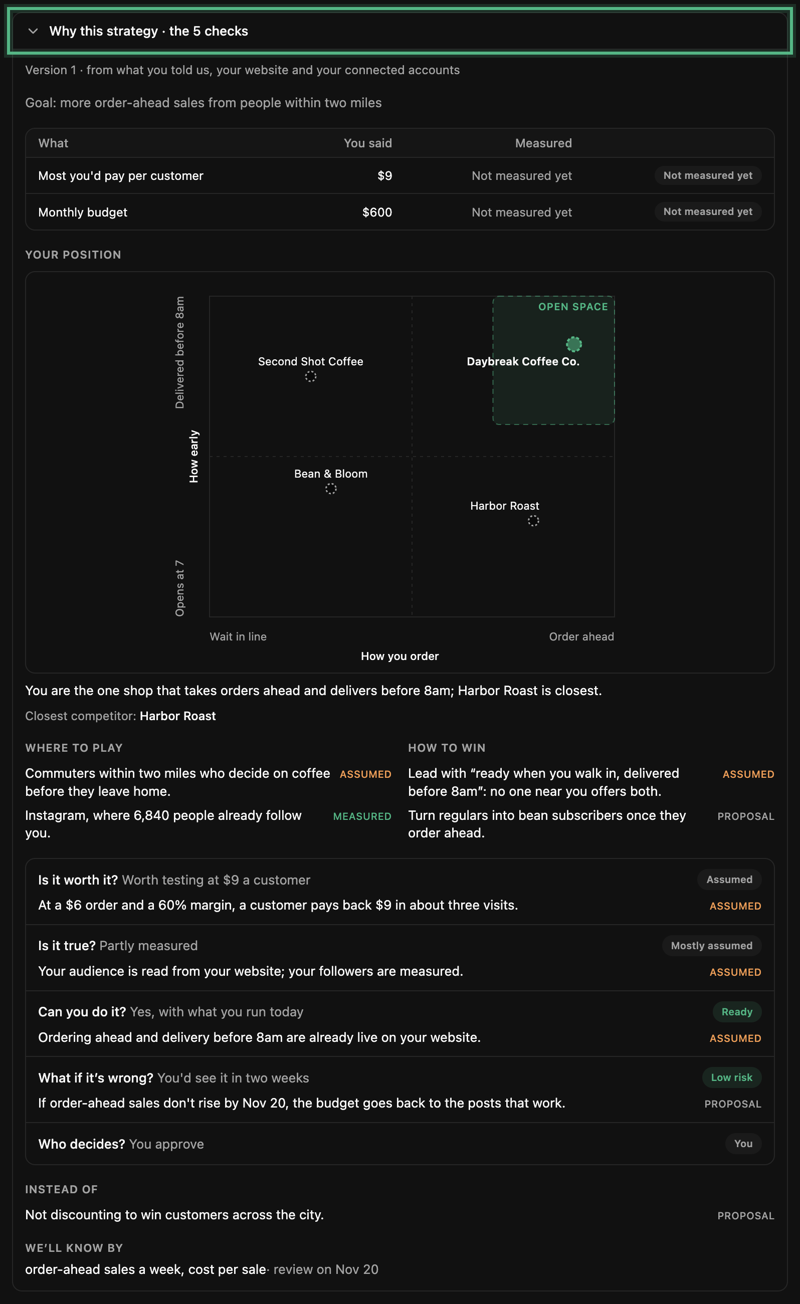 Why this strategy, ringed and open: what the owner said beside what was measured, the position map against three competitors, and the five checks