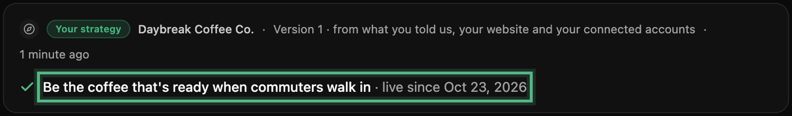 The card after Use this strategy: marked Your strategy, with live since today ringed