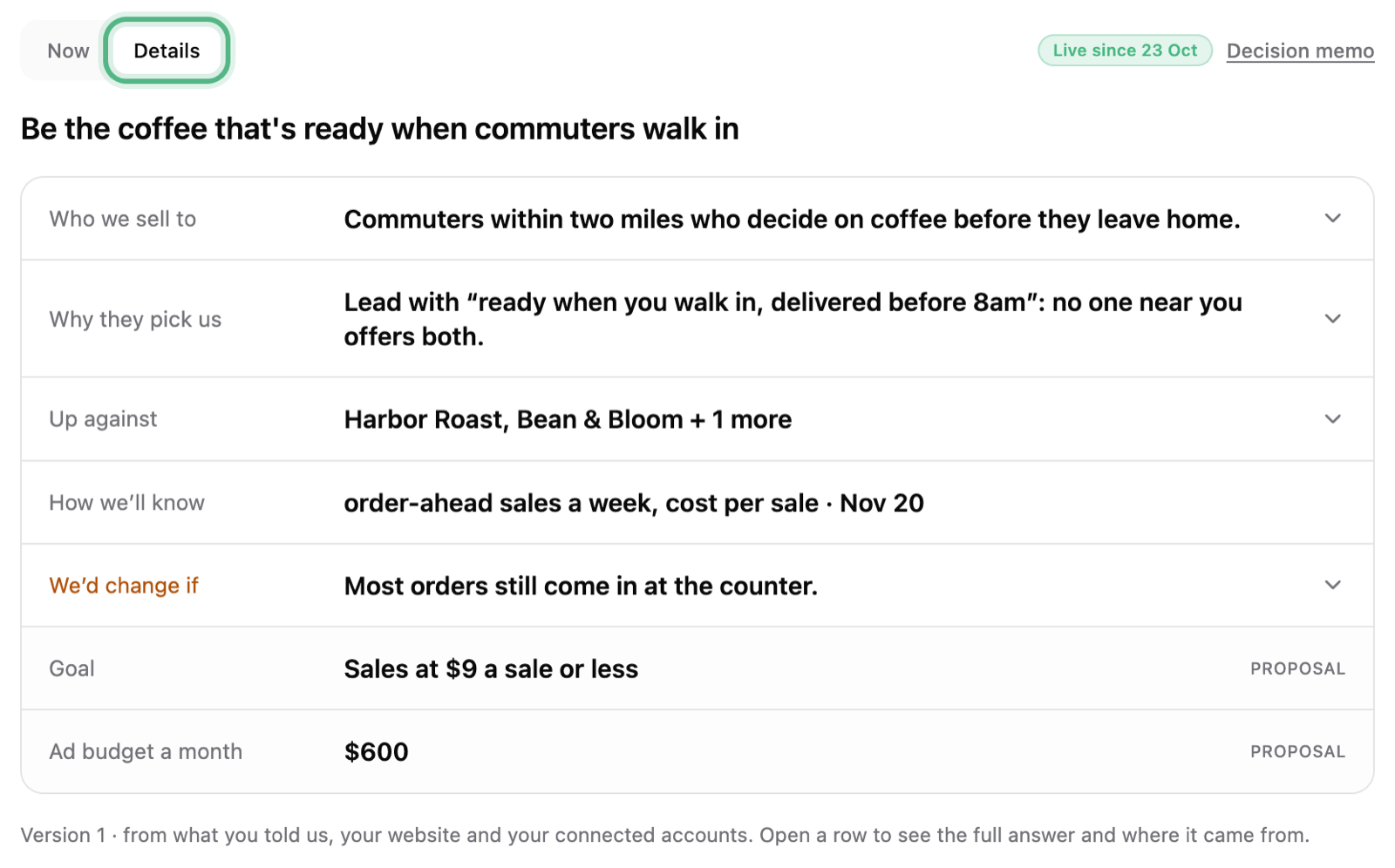 The Strategy tab on Details, ringed: who we sell to, why they pick us, who we are up against and how we will know
