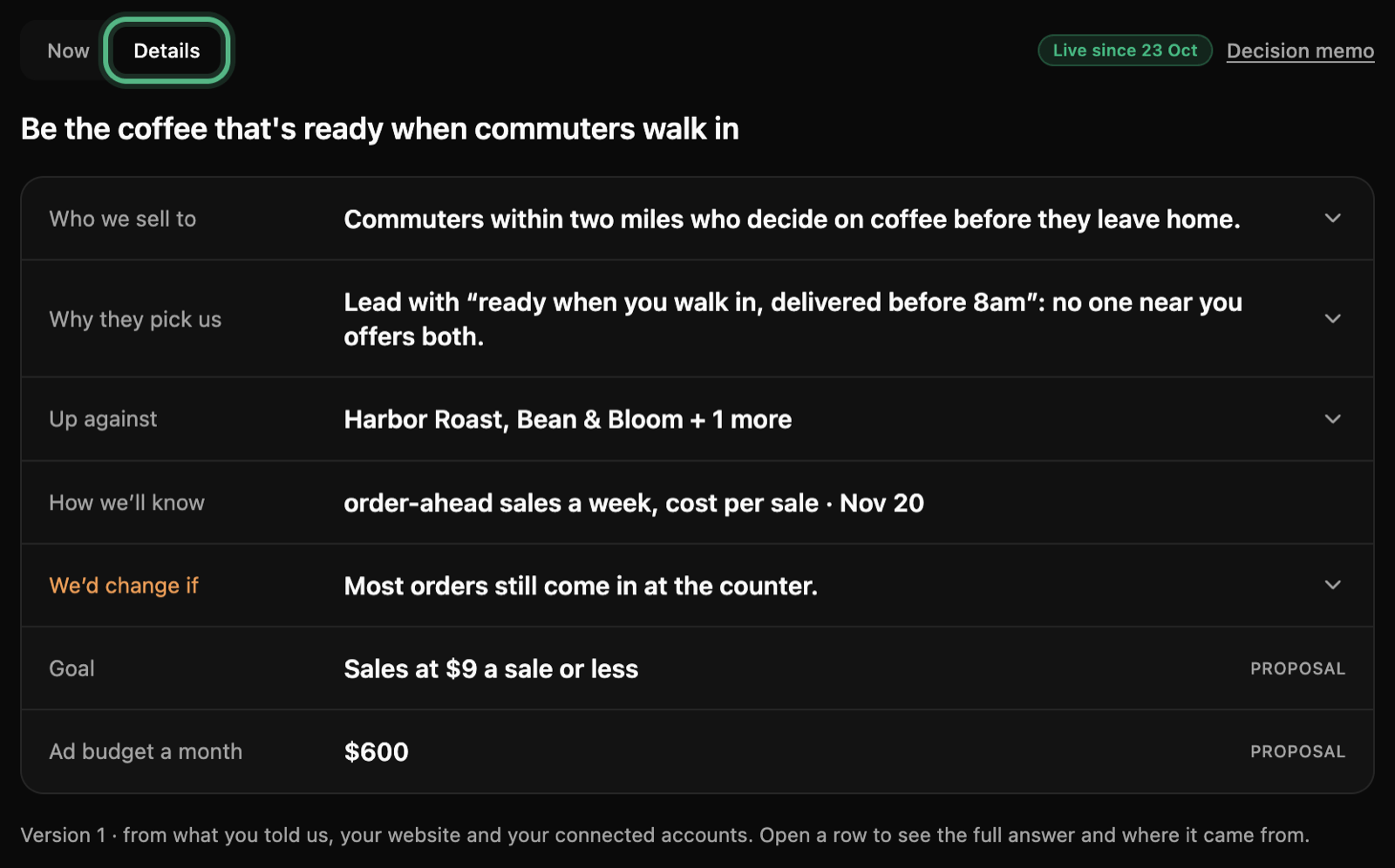 The Strategy tab on Details, ringed: who we sell to, why they pick us, who we are up against and how we will know