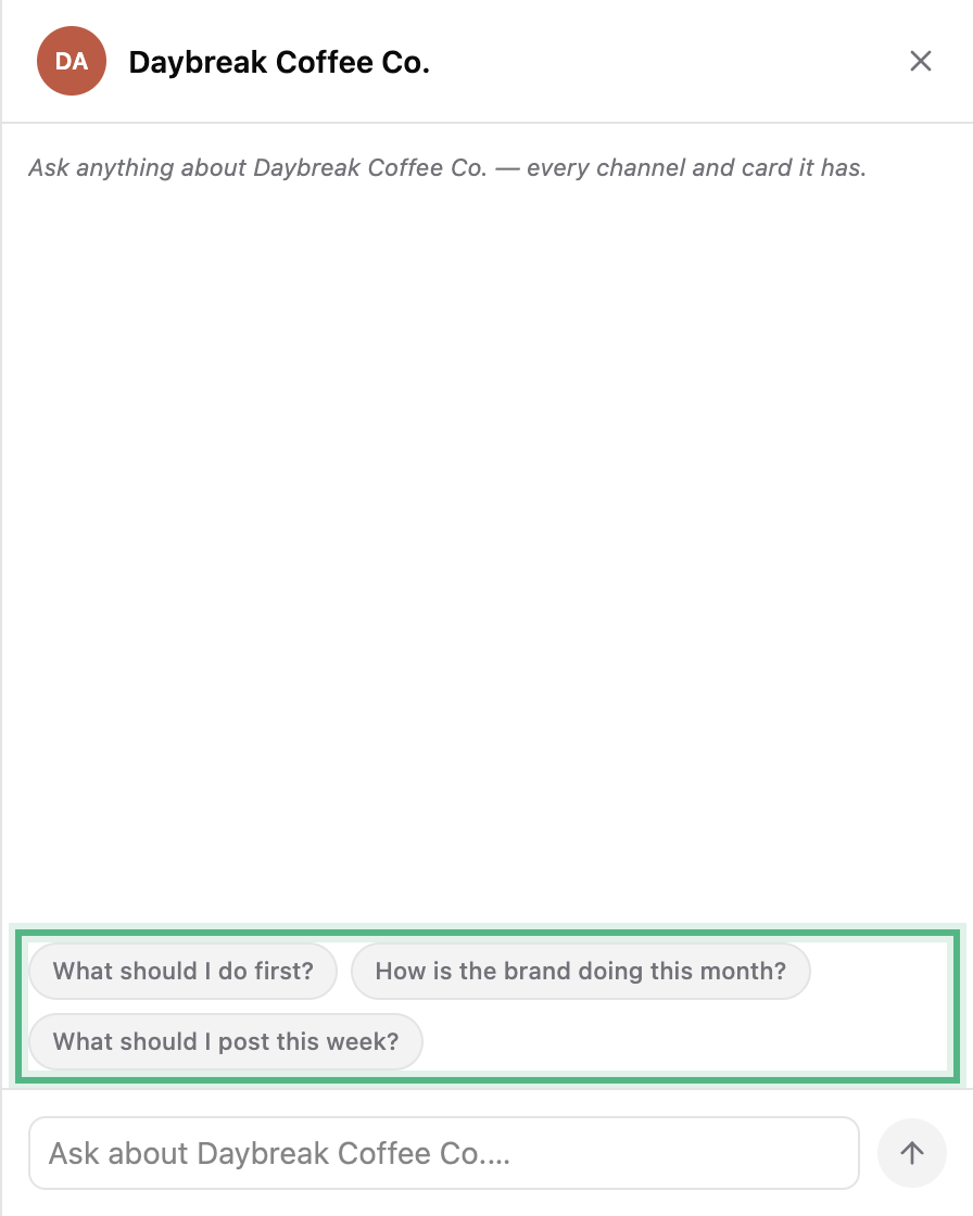 The chat panel for Daybreak Coffee Co., empty, with its starting questions ringed: what should I do first, how is the brand doing this month, which campaign needs attention