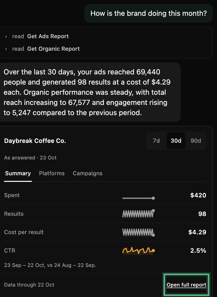 The answer to how is the brand doing this month: the reports it read, a short answer, and a small report of spend, results and cost per result, ringed