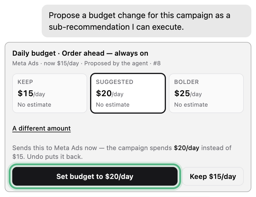The chat opened from a budget card: keep, suggested and bolder daily budgets, with the Set budget to button ringed