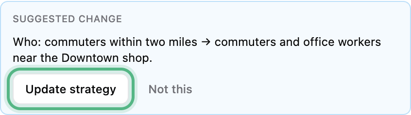 A suggested change to the draft strategy, ringed: who it sells to, from commuters to office workers near the Downtown shop, with its button and Not this