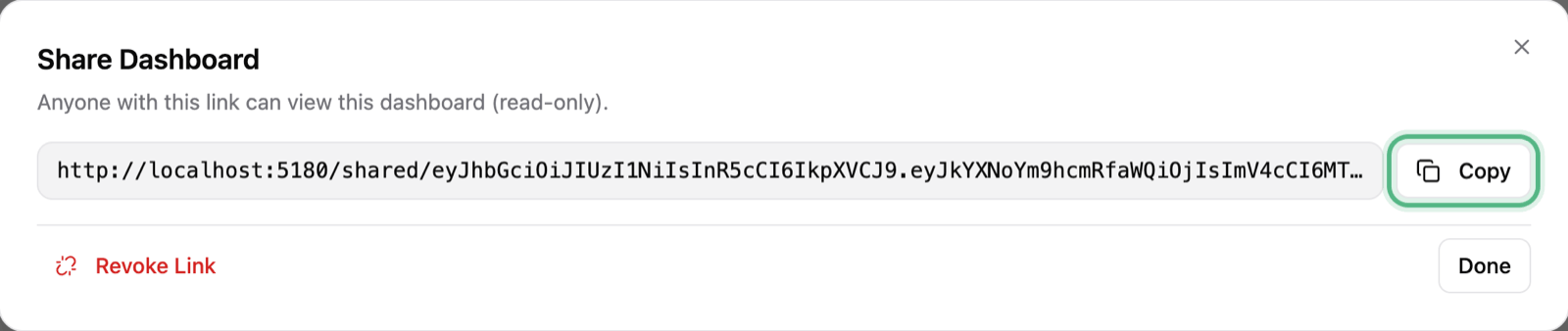 The Share Dashboard window: anyone with this link can view this dashboard, read-only, the link with the Copy button ringed, and Revoke Link