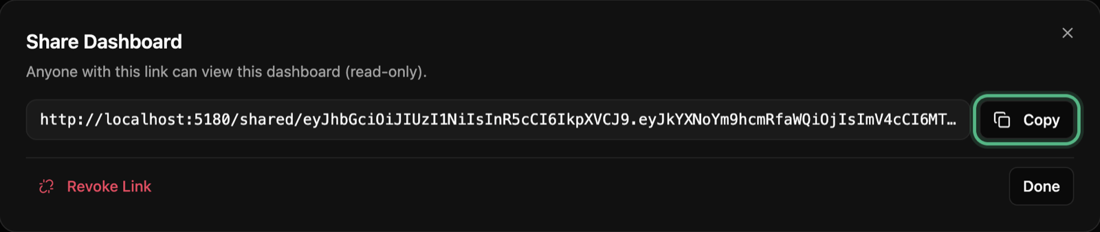 The Share Dashboard window: anyone with this link can view this dashboard, read-only, the link with the Copy button ringed, and Revoke Link