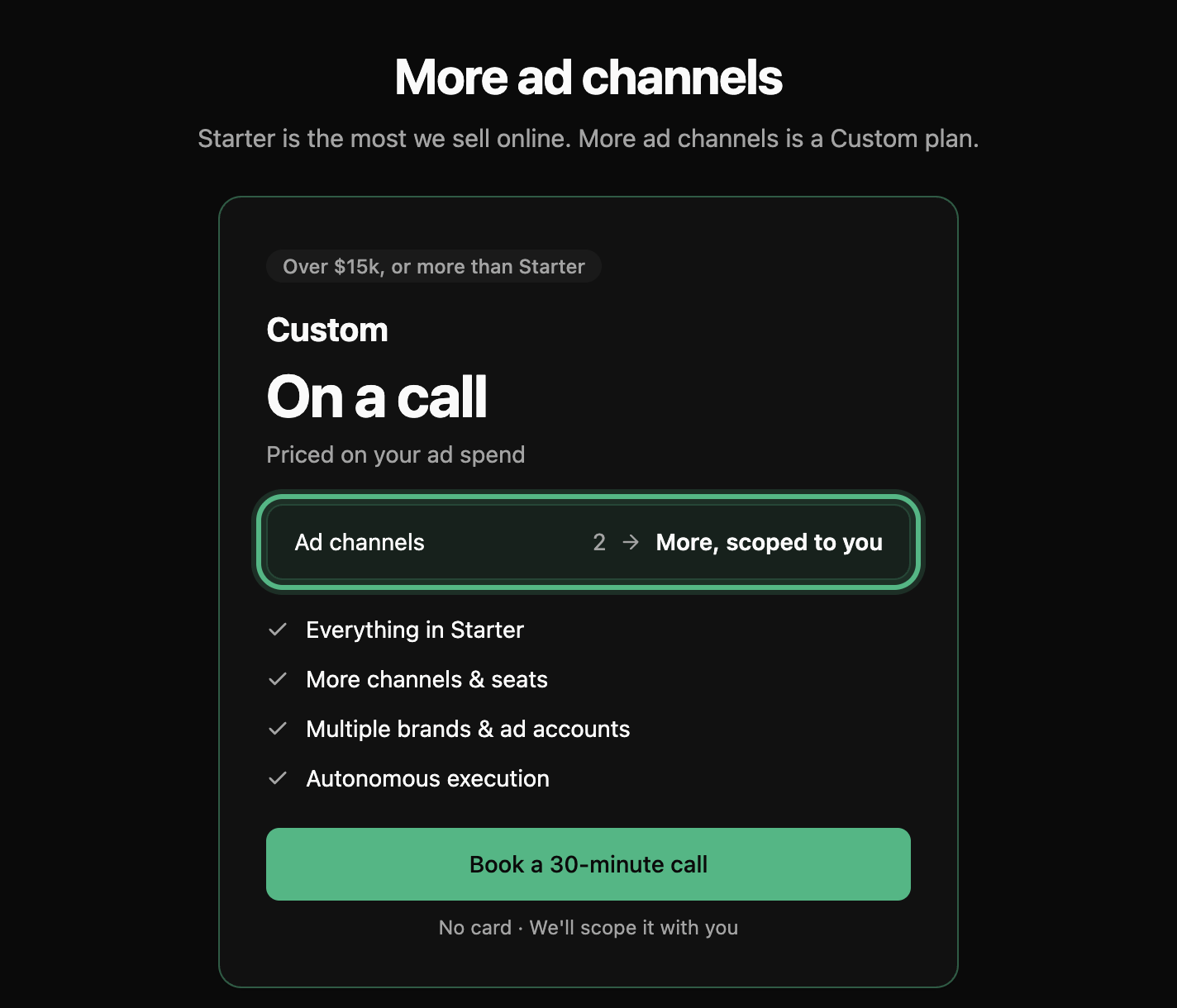 More ad channels: Starter is the most sold online, and the Custom card shows ad channels going from 2 to more, ringed, with Book a 30-minute call