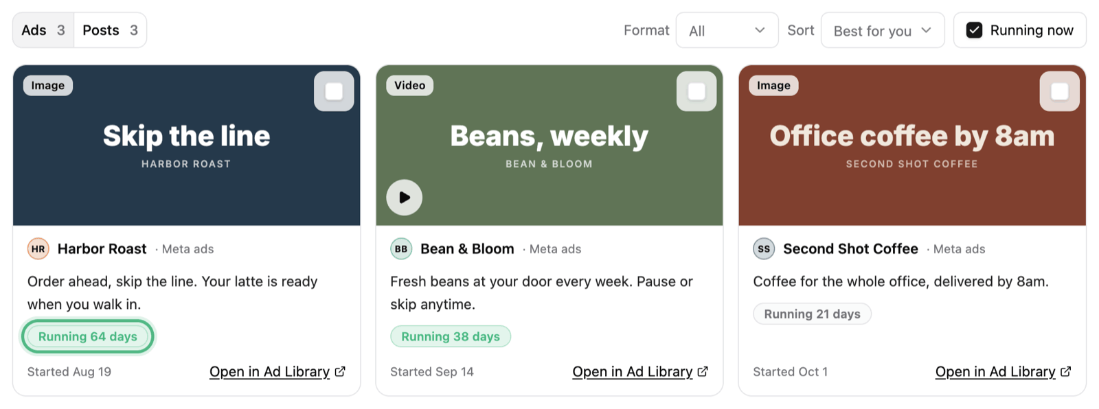 Three competitors’ Meta ads in a row, with the Ads and Posts switch, Running now ticked, and the Running 64 days badge ringed on the first ad