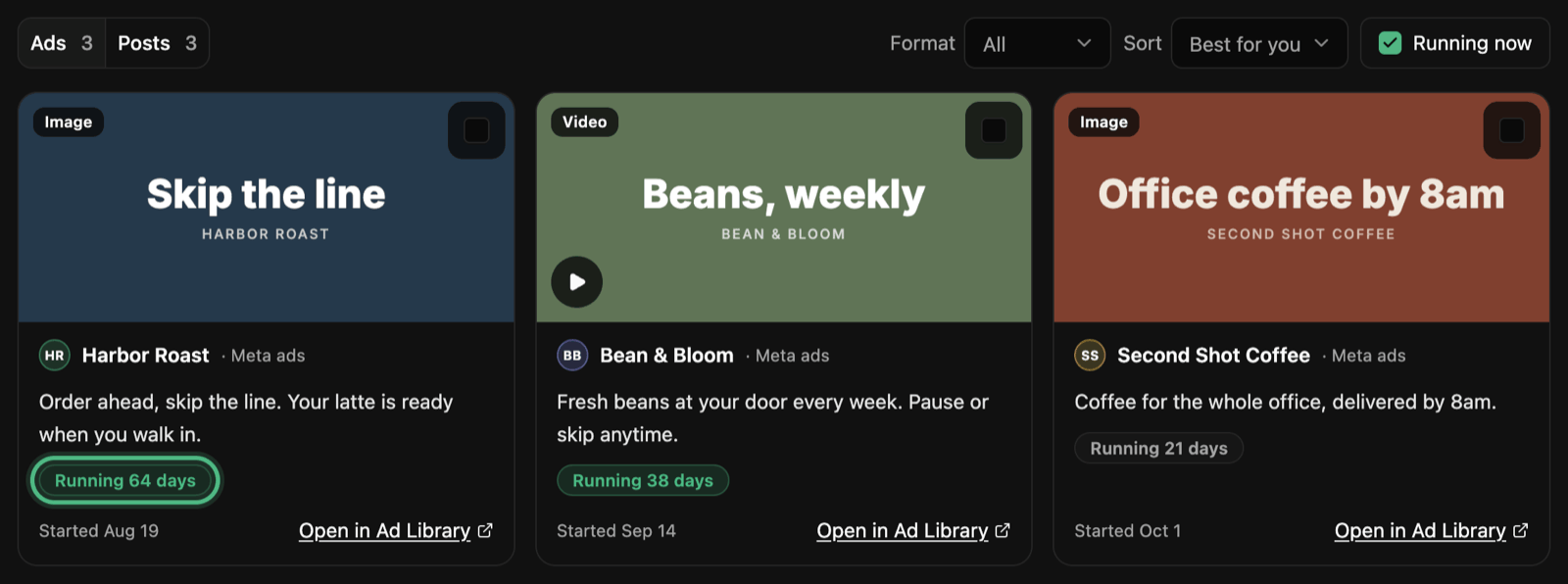 Three competitors’ Meta ads in a row, with the Ads and Posts switch, Running now ticked, and the Running 64 days badge ringed on the first ad