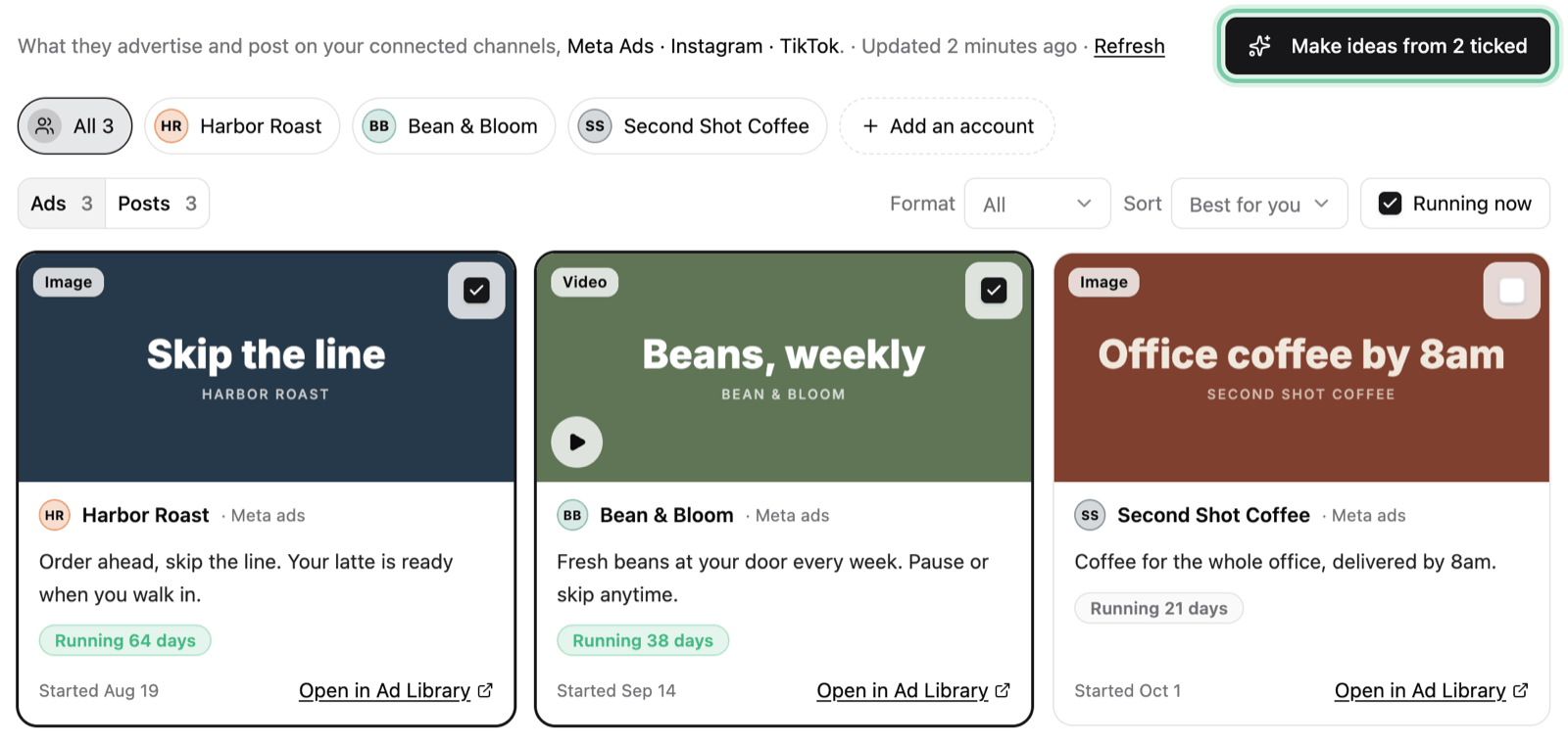 Two competitor ads ticked and the Make ideas from 2 ticked button ringed above them