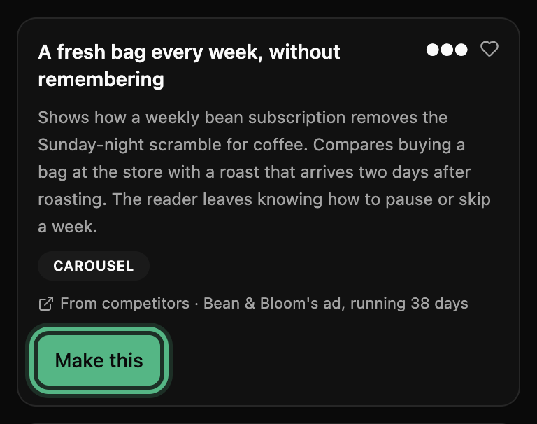 An idea card marked From competitors, naming the competitor ad it answers and how long that ad has run, with Make this ringed