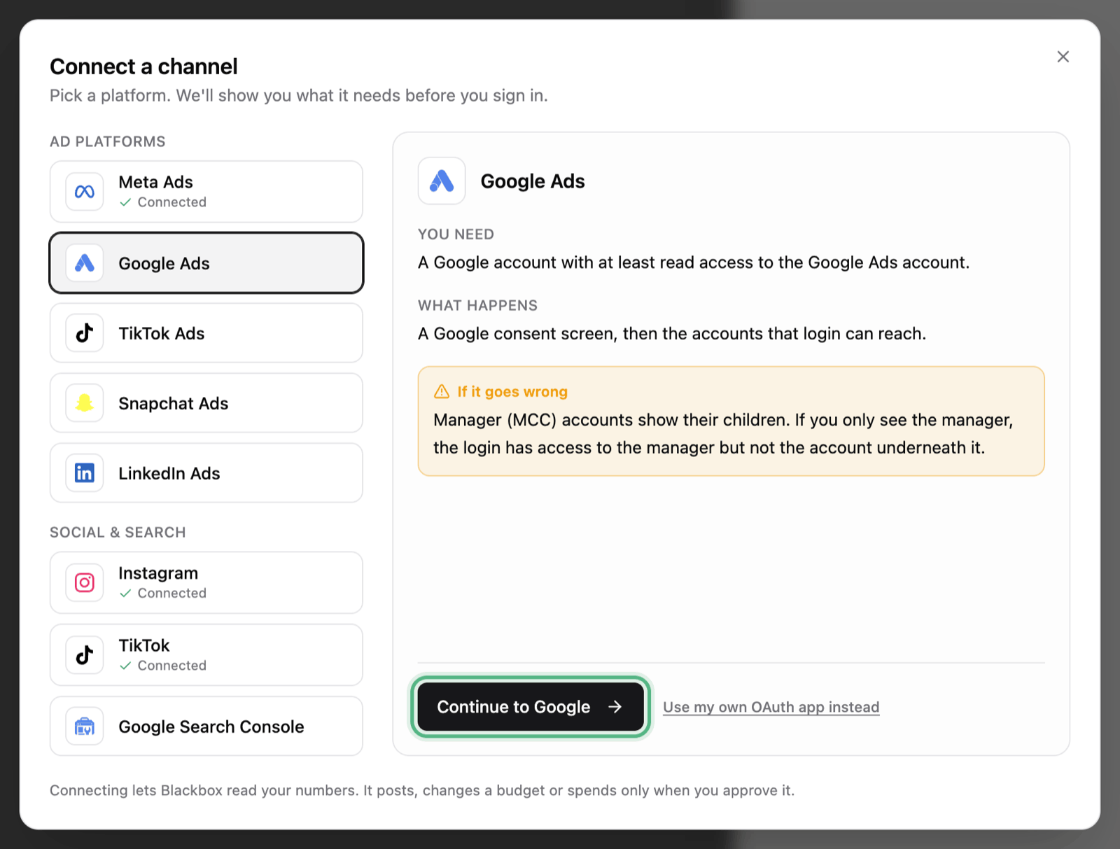 The Connect a channel window with the Google Ads tile picked: what you need, what happens next, and the Continue to Google button ringed