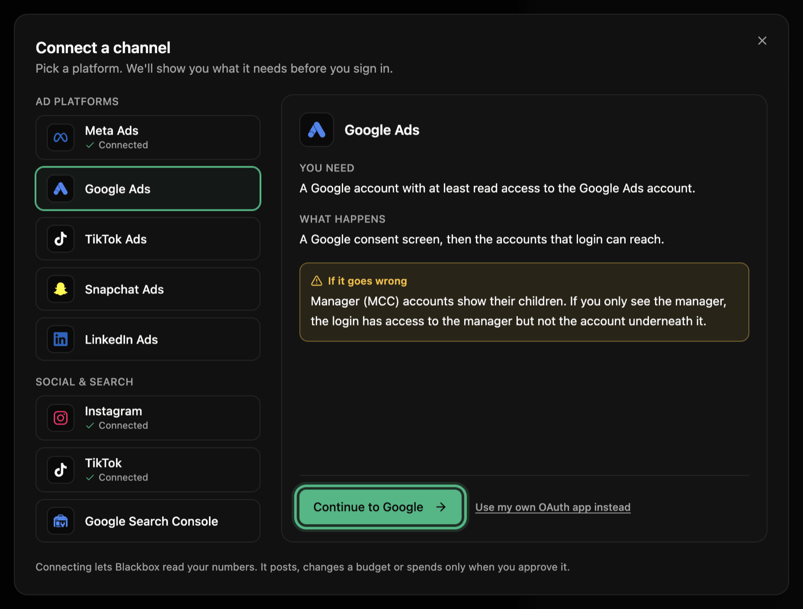 The Connect a channel window with the Google Ads tile picked: what you need, what happens next, and the Continue to Google button ringed