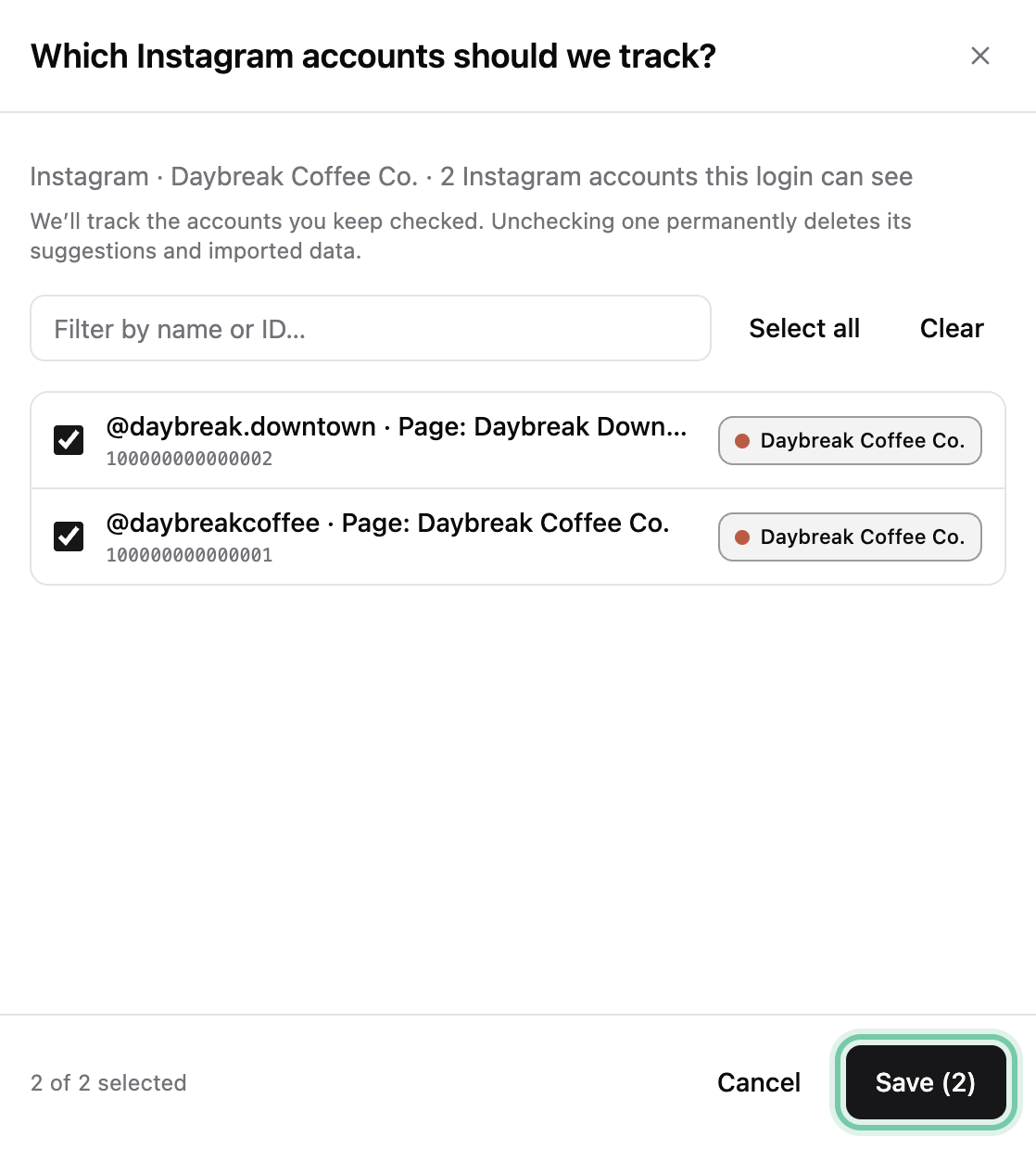 Back in Blackbox, the window asking which Instagram accounts to track: two accounts ticked, each tagged to the brand, and the Save button ringed