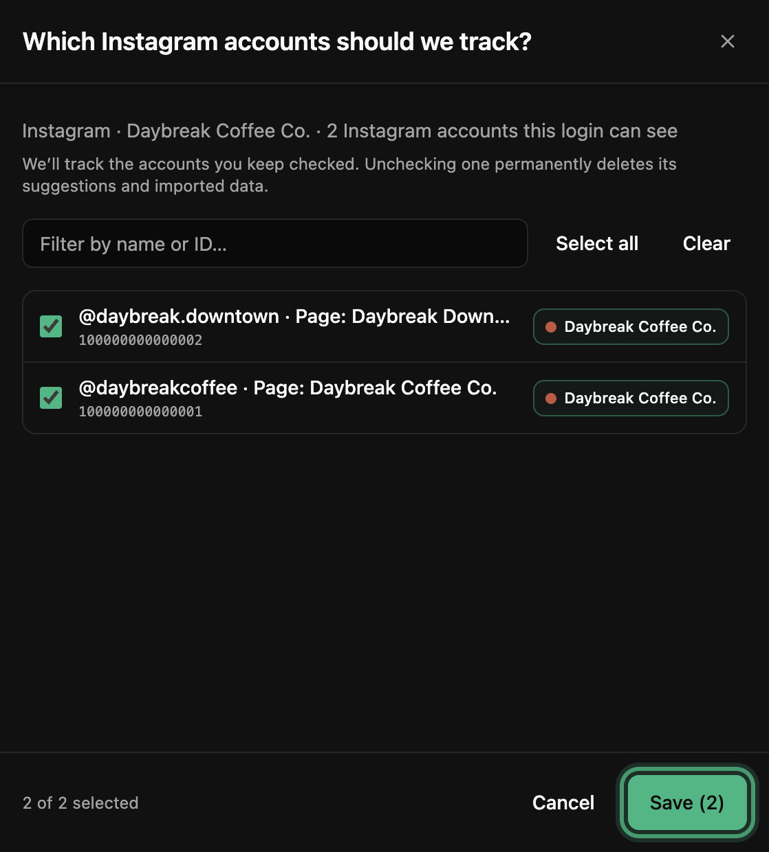 Back in Blackbox, the window asking which Instagram accounts to track: two accounts ticked, each tagged to the brand, and the Save button ringed