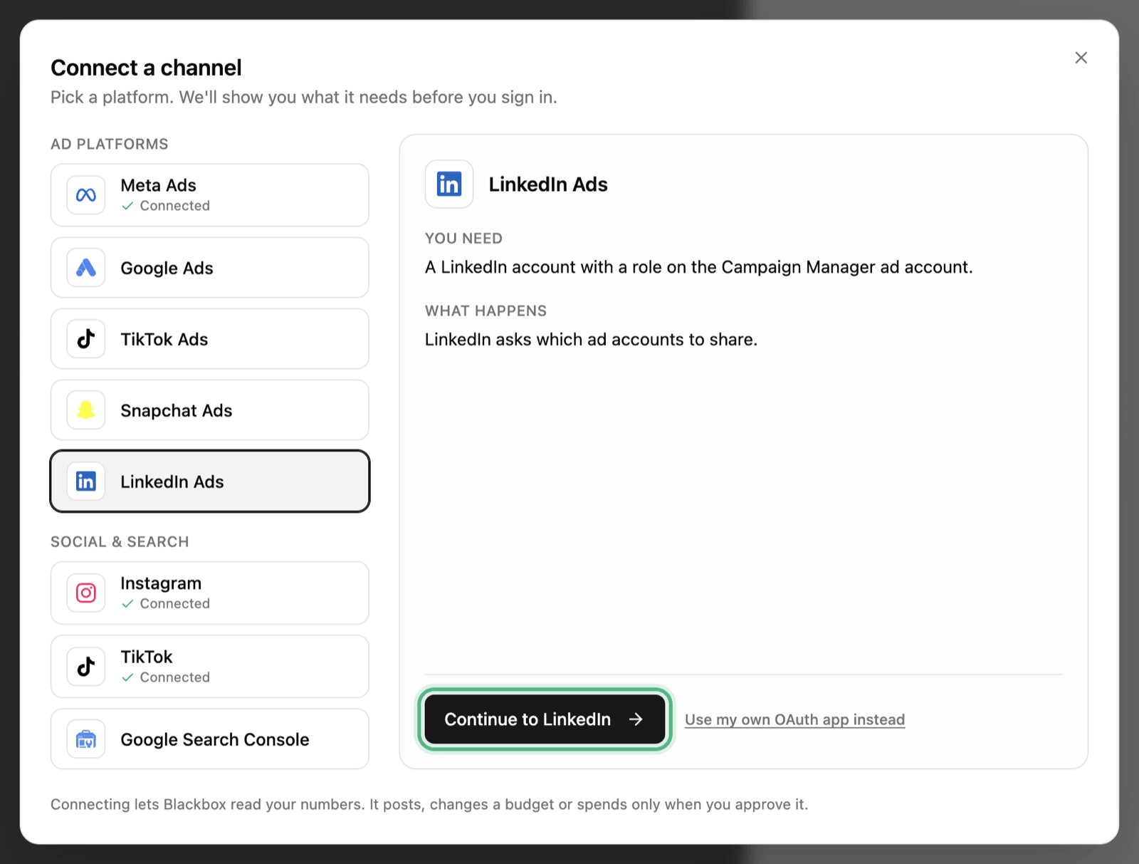 The Connect a channel window with the LinkedIn Ads tile picked: what you need, what happens next, and the Continue to LinkedIn button ringed