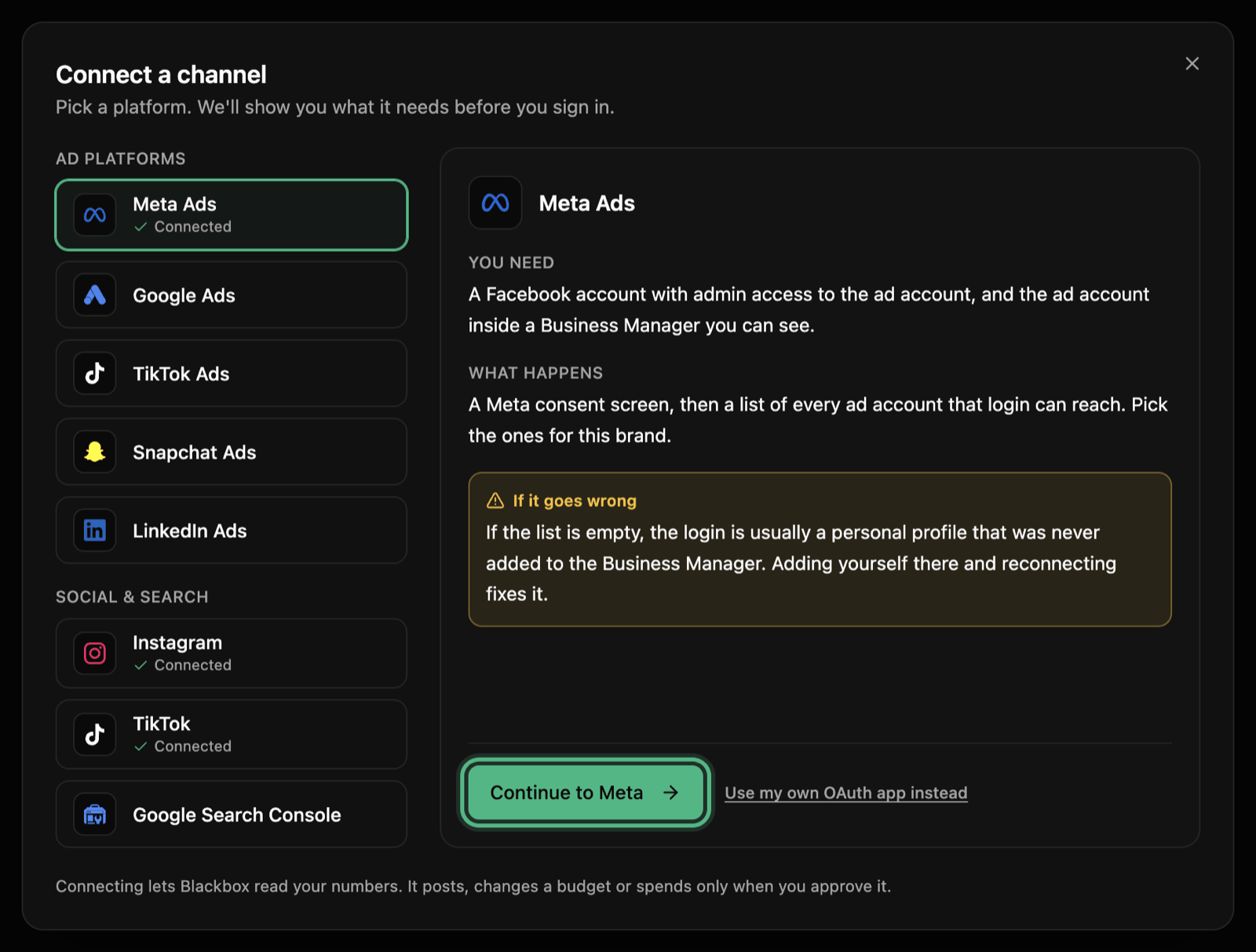The Connect a channel window with the Meta Ads tile picked: what you need, what happens next, and the Continue to Meta button ringed