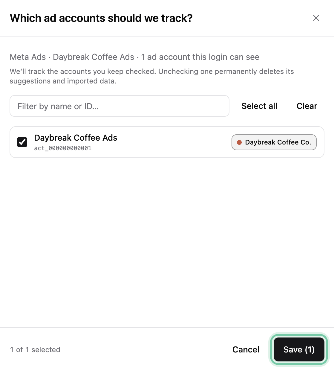 Back in Blackbox, the window asking which ad accounts to track: the brand’s ad account ticked and tagged to the brand, and the Save button ringed