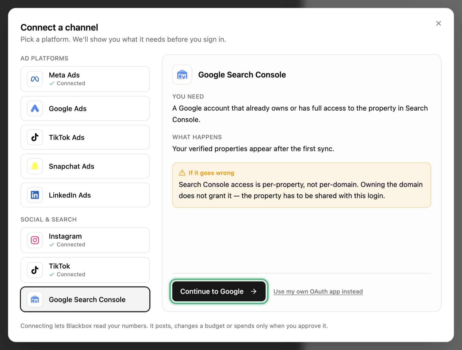 The Connect a channel window with the Google Search Console tile picked: what you need, what happens next, and the Continue to Google button ringed