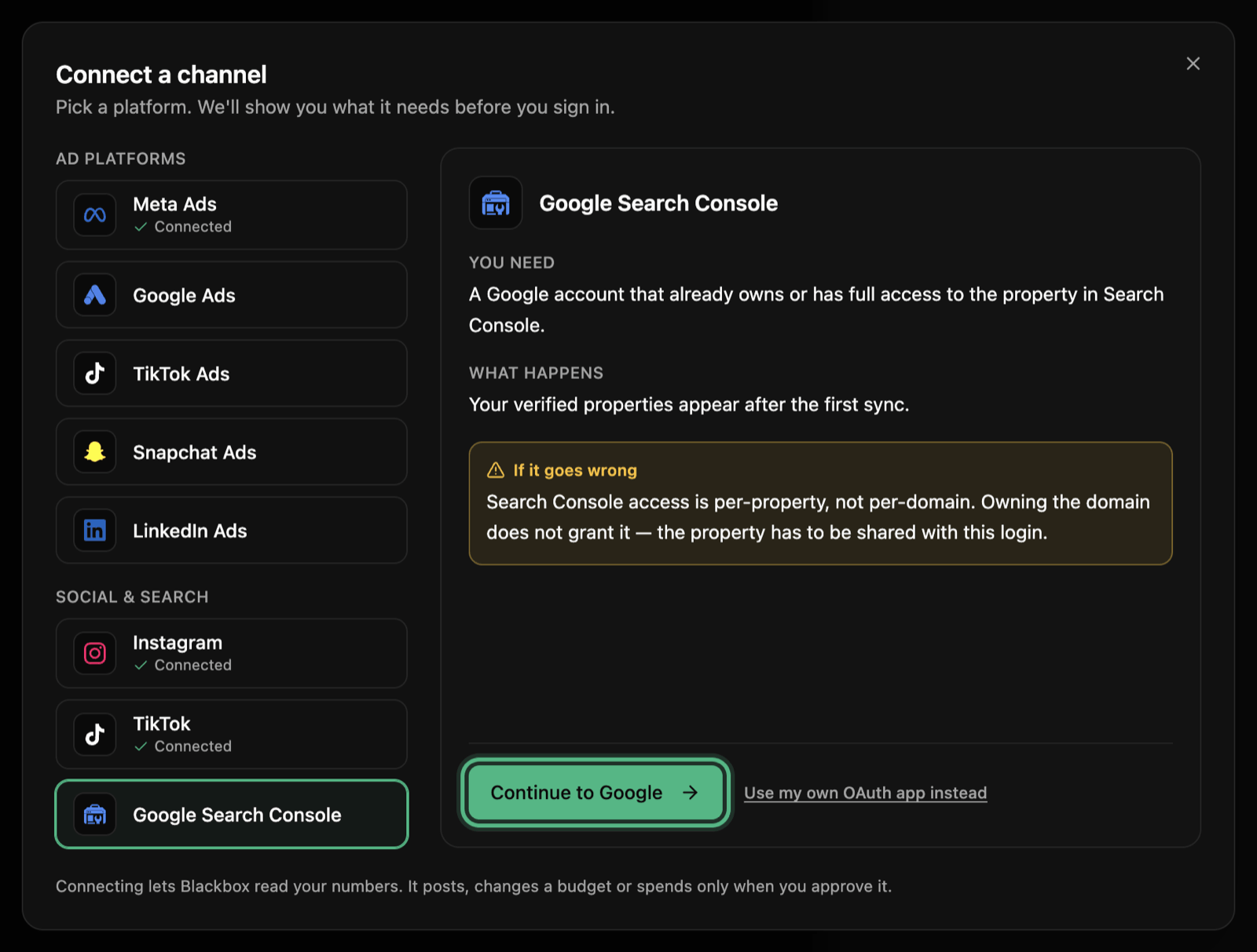 The Connect a channel window with the Google Search Console tile picked: what you need, what happens next, and the Continue to Google button ringed