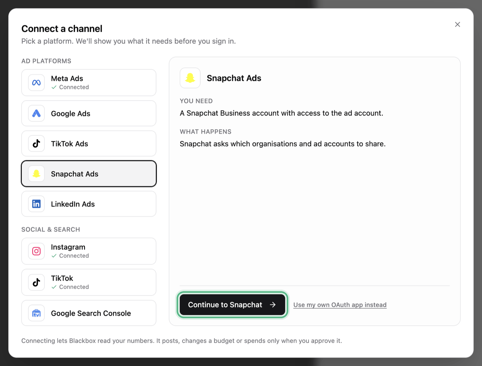 The Connect a channel window with the Snapchat Ads tile picked: what you need, what happens next, and the Continue to Snapchat button ringed