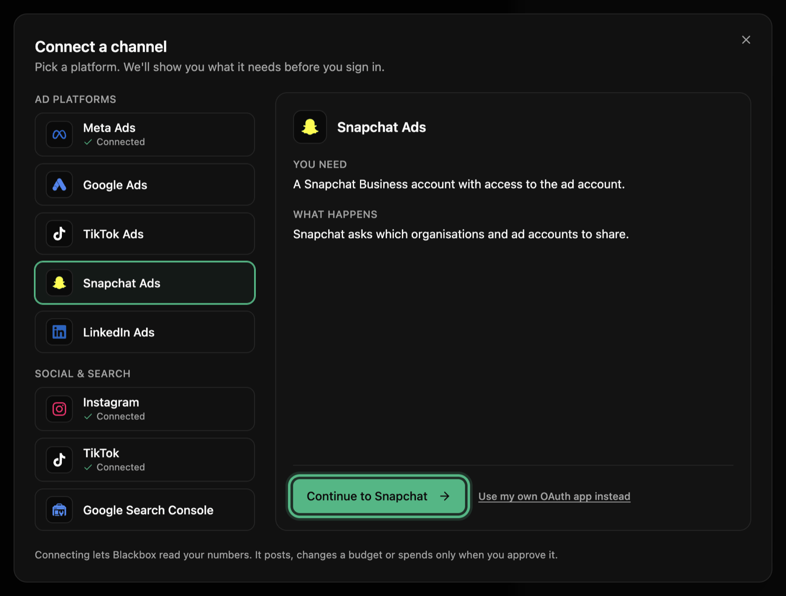 The Connect a channel window with the Snapchat Ads tile picked: what you need, what happens next, and the Continue to Snapchat button ringed