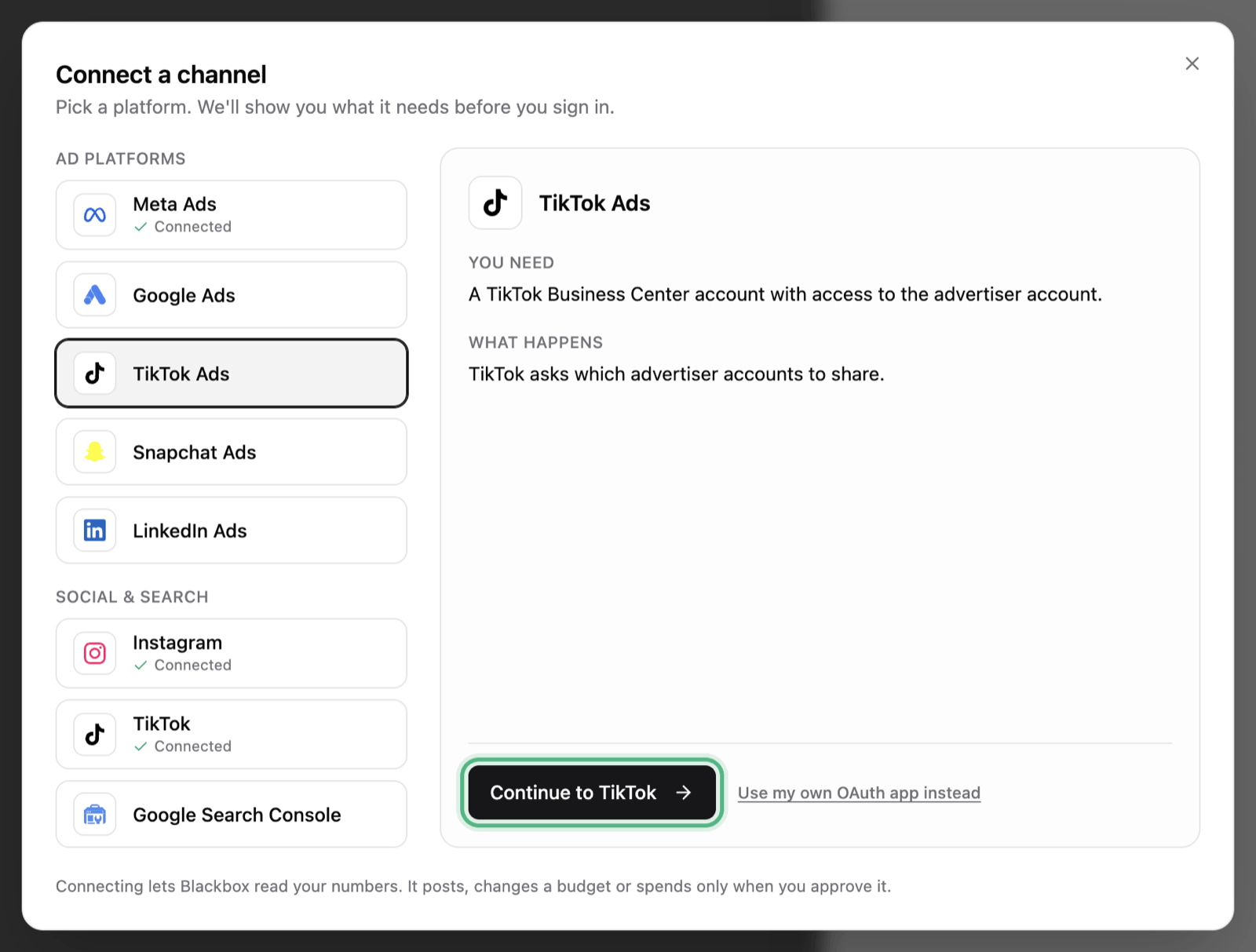 The Connect a channel window with the TikTok Ads tile picked: what you need, what happens next, and the Continue to TikTok button ringed