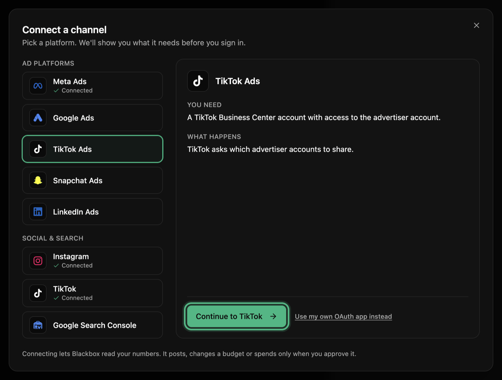 The Connect a channel window with the TikTok Ads tile picked: what you need, what happens next, and the Continue to TikTok button ringed