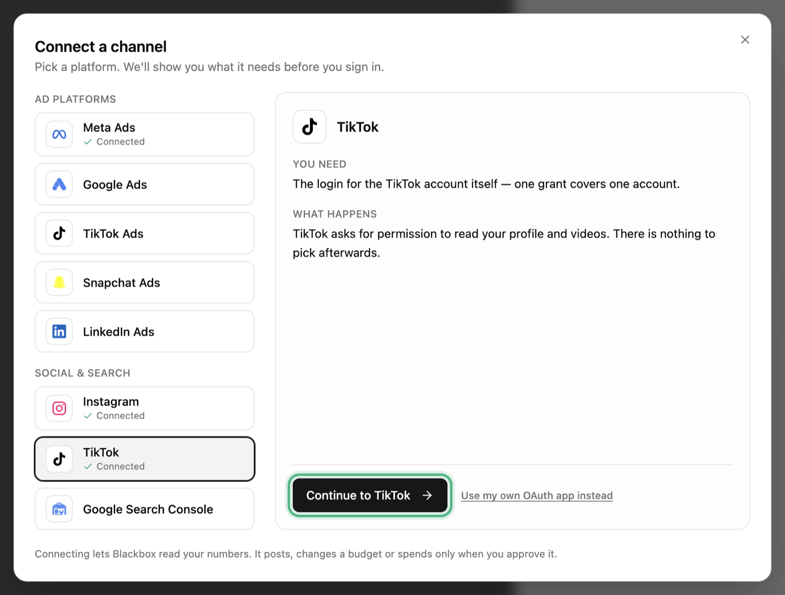 The Connect a channel window with the TikTok tile picked: what you need, what happens next, and the Continue to TikTok button ringed