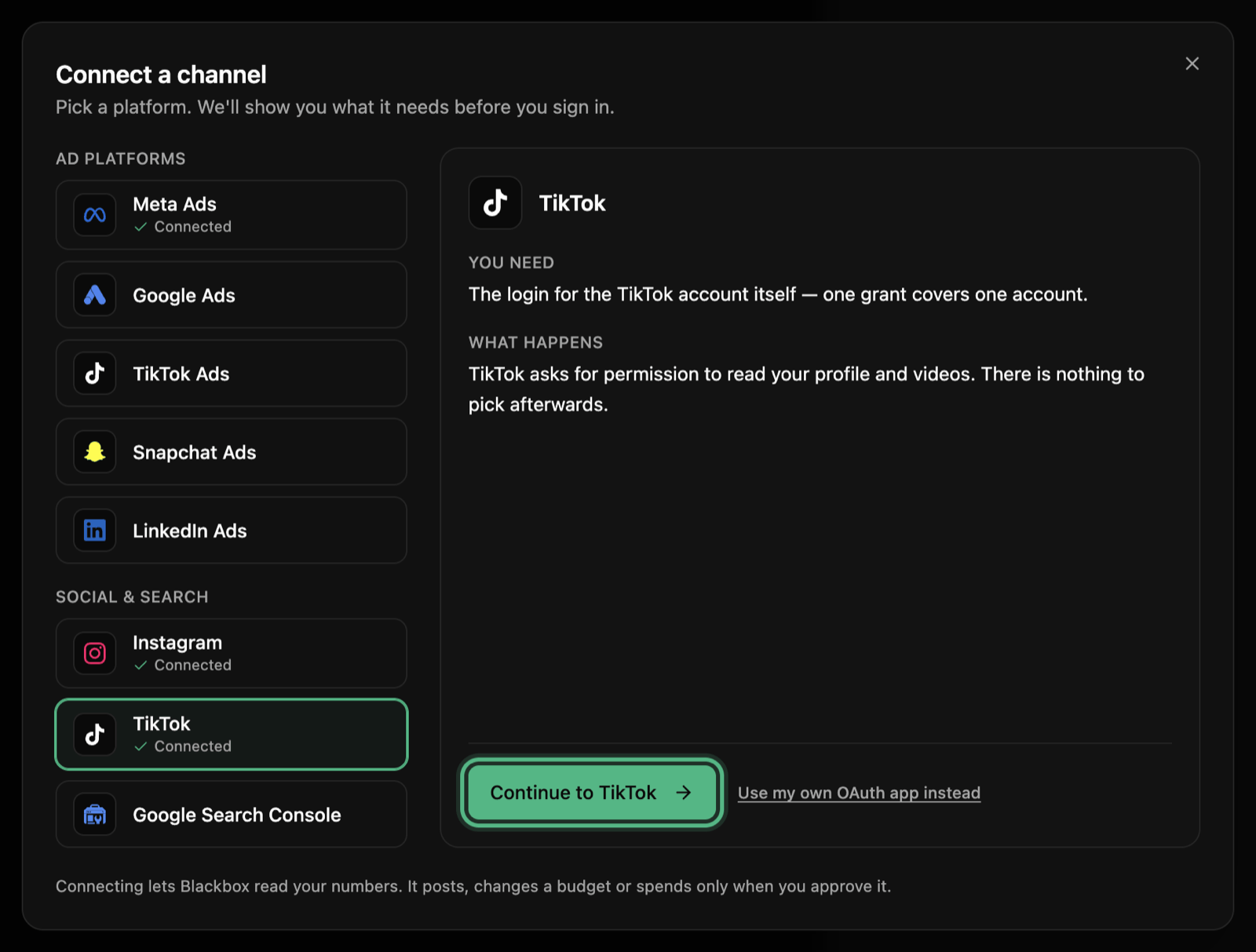The Connect a channel window with the TikTok tile picked: what you need, what happens next, and the Continue to TikTok button ringed