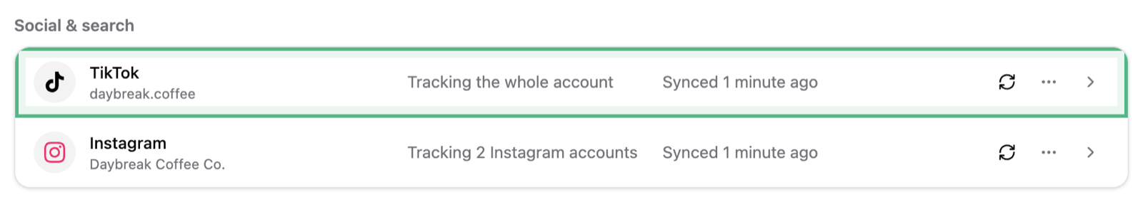 What you see back in Blackbox once TikTok has asked for your approval: TikTok under Social & search on the Data page, tracking the whole account, its row ringed