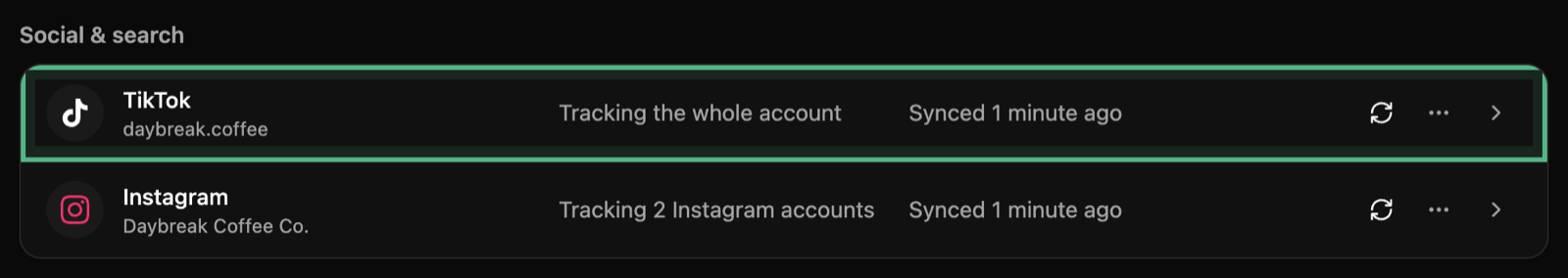 What you see back in Blackbox once TikTok has asked for your approval: TikTok under Social & search on the Data page, tracking the whole account, its row ringed