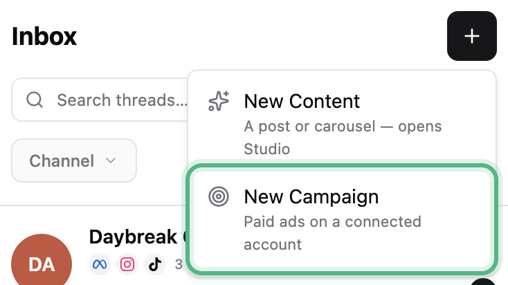 The Inbox with the + menu open: New Campaign, paid ads on a connected account, ringed
