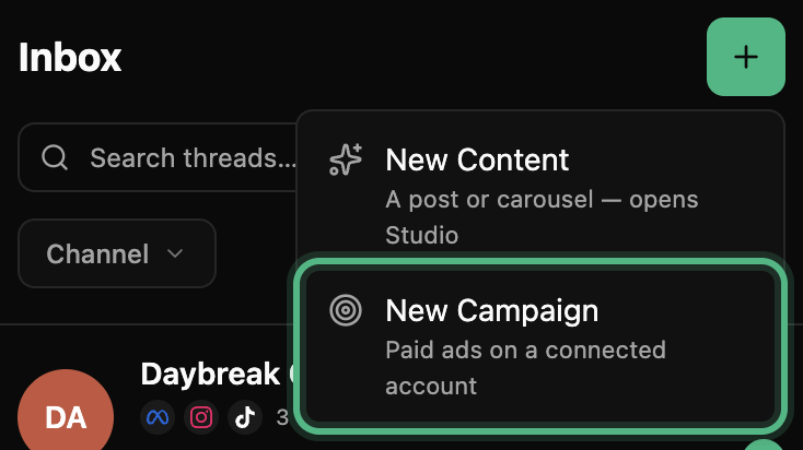 The Inbox with the + menu open: New Campaign, paid ads on a connected account, ringed