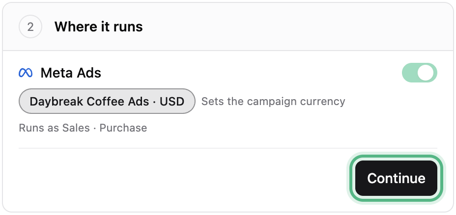 Where it runs: Meta Ads switched on, the ad account with its currency, and Runs as Sales · Purchase, with Continue ringed