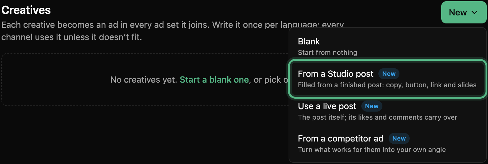 The Creatives heading with the New menu open: Blank, From a Studio post ringed, Use a live post and From a competitor ad