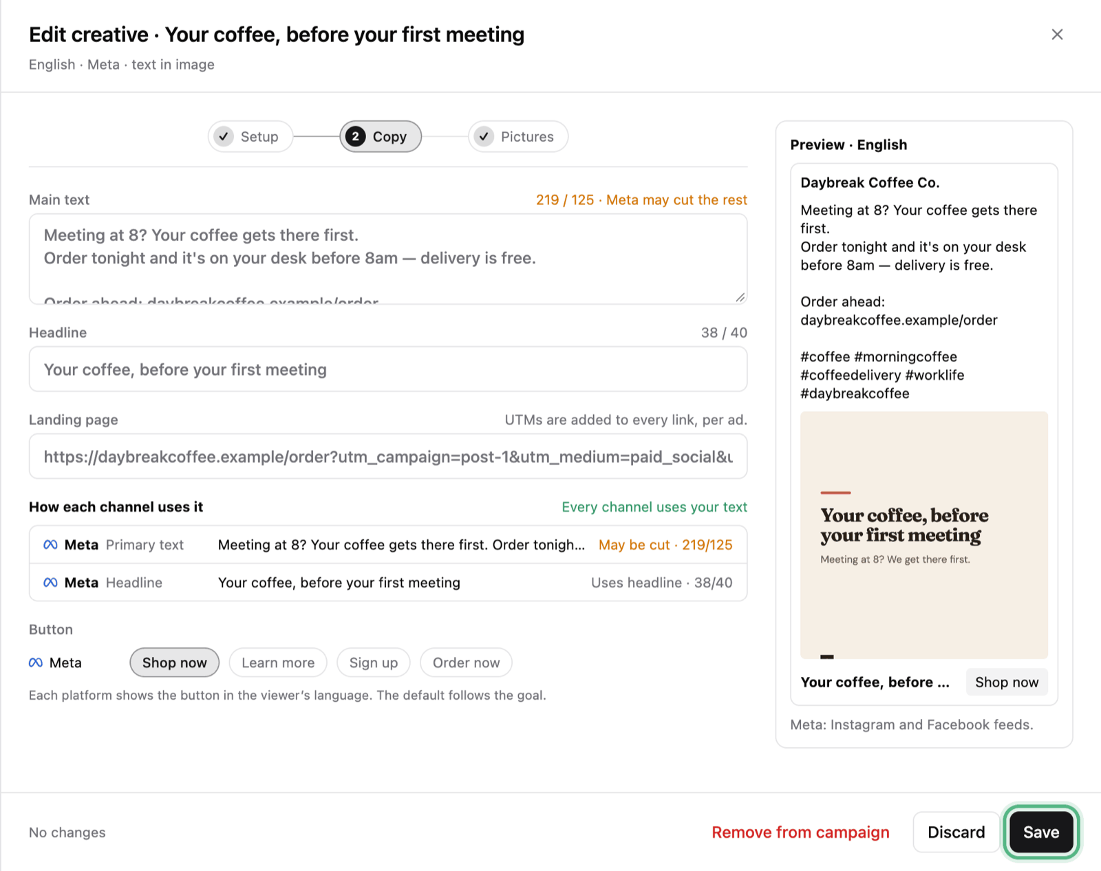 The creative open on Copy, filled from the post: Main text, Headline and Landing page, with a preview of the ad and Save ringed